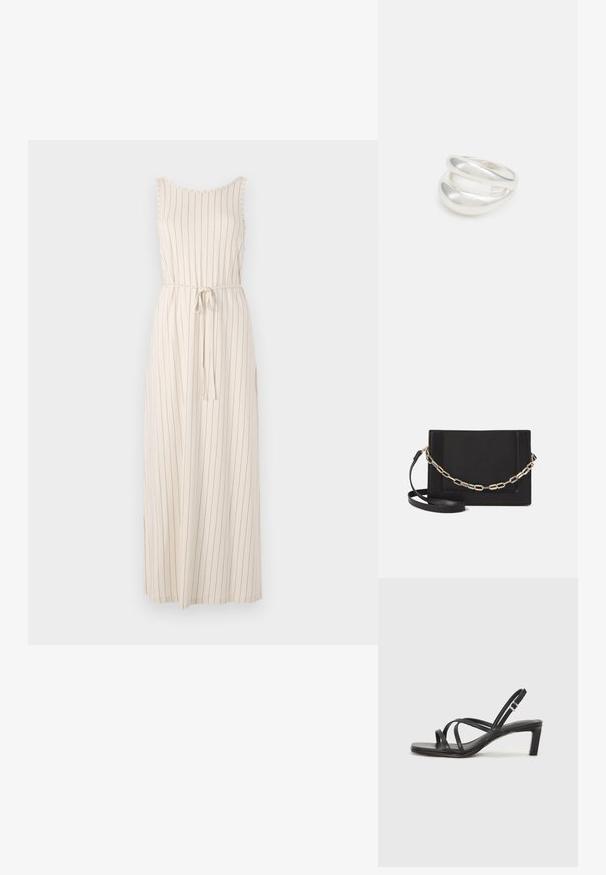 Pikk beež kleit vertikaalsete mustade triipudega, ilma varrukateta disain, ümar kaelus ja lips vöökohal. Kerge kangas.; Mustast rihmajalatsid ruudukujulise varba ja madala ploki kontsaga. Omab mitmeid õhukesi rihmasid ja reguleeritavat pahkluu rihma. Valmistatud siledast nahast.; Mustast nahast õlakott, mis omab siledat tekstuuri, ristküliku kuju ning esiküljel metallketi detaili. Reguleeritav rihm on kaasas.; Hõbedane kahekordne rõngas sujuva, poleeritud pinnaga. Omab voolavat, kõverat disaini, millel on kattuvad sektsioonid, et saavutada kaasaegne ilme.