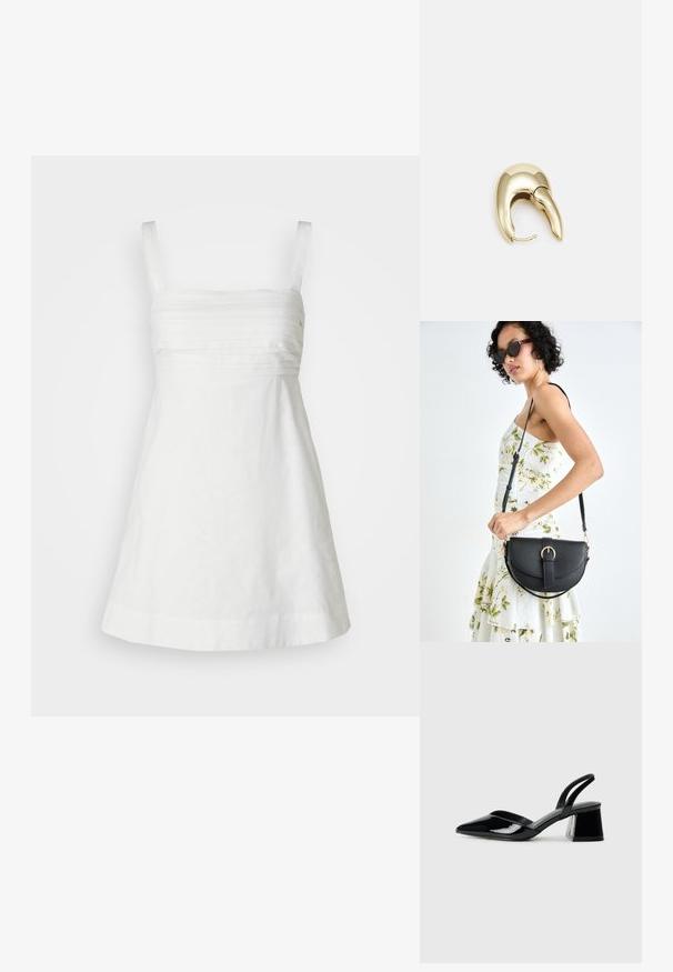White linen dress with slim straps, a fitted bodice, and a flared skirt. Features horizontal pleating on the bodice for texture.; Black patent leather slingback heels with a pointed toe and a geometric block heel. Features a sleek, minimal design and smooth texture.; Black leather handbag with a curved shape, detachable strap, and gold hardware. The bag features a flap with a buckle detail.; Gold-tone metal earring with a sleek, curved design. Features a distinctive pointed shape, polished surface, and hinge closure.