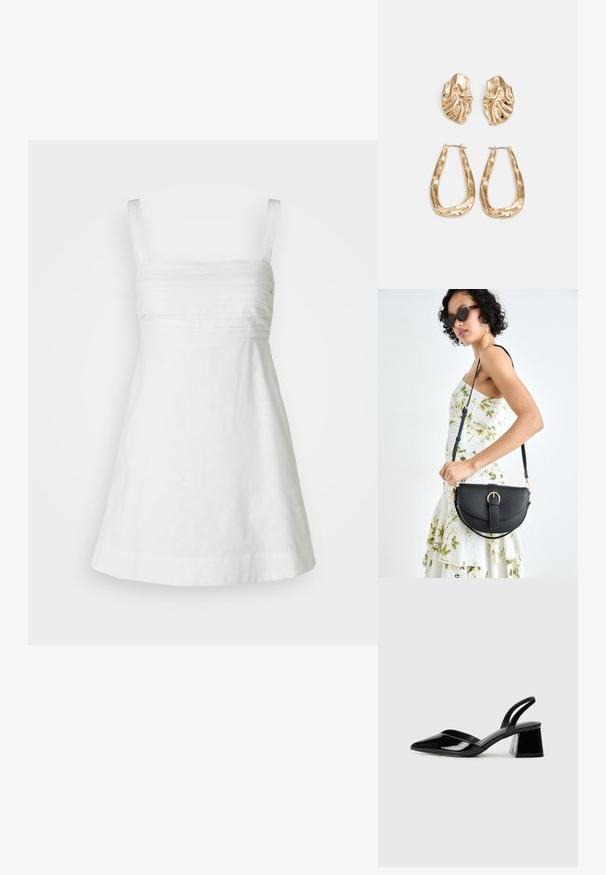 Weißes Leinenkleid mit schmalen Trägern, einer taillierten Oberseite und einem ausgestellten Rock. Verfügt über horizontale Faltenlegung am Oberteil für Textur.; Schwarze Lackleder-Slingback-High Heels mit spitzem Schuh und einem geometrischen Blockabsatz. Verfügt über ein schlankes, minimalistisches Design und eine glatte Textur.; Schwarze Lederhandtasche mit geschwungener Form, abnehmbarem Tragegurt und goldenen Beschlägen. Die Tasche verfügt über einen Deckel mit einer Schnallen-Details.; Ohrringe in Goldoptik mit strukturierten, gewellten Formen. Beinhaltet skulpturale Clip-Ohrringe und ein offenes Hoop-Design mit gehämmertem Finish.