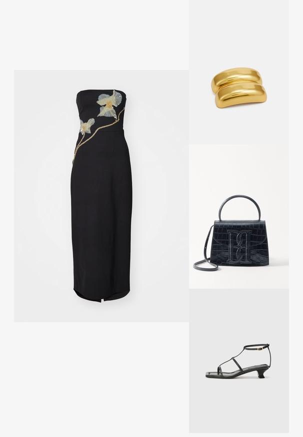 STAUD BROOKE DRESS - Dzsörzéruha - botanical shadows; Fekete bőr szandál, négyzet alakú orral, vékony pántokkal, állítható bokapánttal és alacsony sarokkal. A pánton egy kis arany dísz található.; Fekete krokodilbőr hatású kézitáska, amelynek strukturált kialakítása van, felső fogantyúval, állítható pánttal és egy kiemelkedő elülső logó részlettel.; Arany színű fém hajcsat, sima, lekerekített formával. A felszíne fényes, összekapcsolt, ívelt formát mutat, díszítések nélkül.