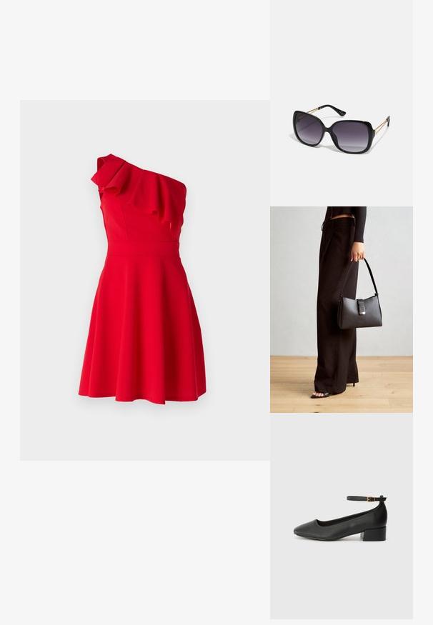 WAL G PETITE MAXINE RUFFLE SKATER - Trikotāžas kleita - red; Melnas ādas sūkņi ar smailu purngalu un zemu bloku papēdi. Iezīmēts ar potītes siksniņu ar zelta krāsas sprādzi. Gluda tekstūra.; Melni pārmērīgi lieli saulesbrilles ar gradāciju lēcām, biezām rāmja malām un zeltainas krāsas ķēžu detaļām uz tempļiem.; Melnā somiņa ar strukturētu formu, gludu tekstūru un metālu sprādzi. Saskaņota ar platām melnām biksēm un sandālēm ar atvērtu purngalu uz koka grīdas.