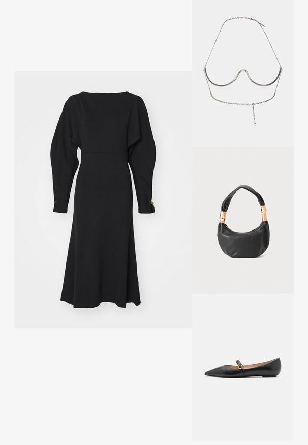 Fekete kötött ruha, hajónyakú, hosszú puffos ujjakkal és enyhén bővülő szoknyával. Arany kiegészítők az ujjak végén.; Fekete bőr balettlapok hegyes orral és oldalsó pánttal, amelyen egy kör alakú arany dísz található. Könnyű, lapos talpú.; Fekete bőr kézitáska kerek formával, puha textúrával és csomózott fogantyúval, aranyszínű fém díszítéssel. Cipzáras záródás.; Cult Gaia ASHA BODY JEWELRY - Egyéb tartozékok - bright shiny silver-coloured