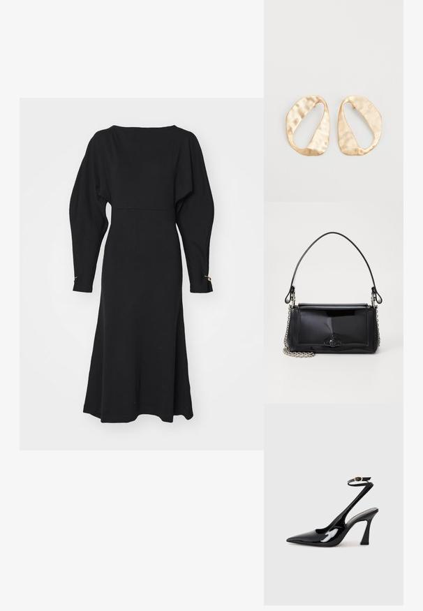 Melna adīta kleita ar laivas formas dekoltē, garām puffām piedurknēm un nedaudz zemu apakšmalu. Zelta akcenti pie piedurkņu galiem.; Melnas patentā ādas augstpapēžu kurpes ar norādītu purngalu, regulējamu potītes siksniņu un mērenu bloku papēdi. Gluda tekstūra ar spīdīgu apdari.; Melnas lakotas ādas rokassomi ar taisnstūra formu, ķēdes siksnu un izteiksmīgu metāla aksesuāru centrā. Gluda tekstūra.; Pāris neregulāras ovālas formas zelta toņos metāla auskaru ar teksturētu, nedaudz sitētu virsmu uz baltas fona.