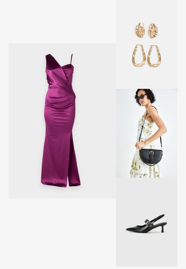 Fuksijos spalvos satino suknelė su viena petneša, drapiruotas dizainas ir šoninė plyšys. Glotna siluetas su lygiu paviršiumi ir elegantišku kritimu.; Juodai lakuoti slingback aukštakulniai su smailiu kojų pirštu ir mažais blokiniais kulniukais, su sidabro sagtimi ant dirželio.; Juodas odinis krepšys su išlenkta forma, nuimamu dirželiu ir auksiniais detalėmis. Krepšys turi kilpą su sagtimi.; Auksinės auskarai, turintys tekstūruotus, bangų formos elementus. Įeina skulptūriniai segami auskarai ir atviri lankai su išmuštu paviršiumi.