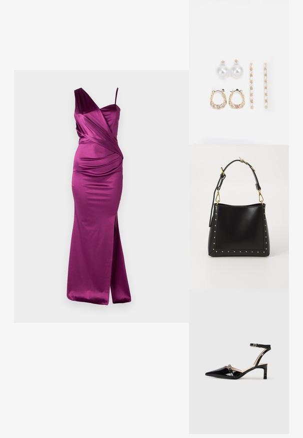 Fuksia satäänkleit ühe õlavarre rihmaga, volditud disainiga ja külje lõhiku ehk. Sujuv siluett, sile tekstuur ja elegantne voog.; Mustmust valmistatud mustad läikivad nahast slingback kontsad terava ninaga, ankle strap ja väike kanna, millel on peened rihmade detailid.; Must mustrikk kott, millel on struktureeritud kuju, kullatud nupukestega ääristel ja eemaldatava rihmaga, millel on kullatud detailid.; Kolm paari kõrvarõngaid: suured valged pärlstudid, kuldsed rõngad läbipaistvate gemmidega ning kaks pikka, sirget kullast aktsentkõrvarõngast sädeleva detailiga.