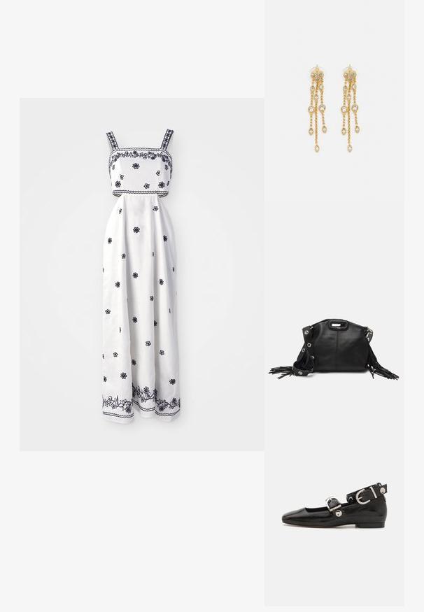 Biele maxi šaty s námorníckym kvetinovým výšivkou, štvorcovým výstrihom a tenkými ramienkami. Obsahujú zložitú krajkovú výšivku pozdĺž lemu.; Čierne lakované baleríny so štvorcovou špičkou, remienkom okolo členka so striebornými prvkami a plochou podrážkou. Hladký povrch s minimalistickým dizajnom.; Maje MISS MINI - Taška cez plece - noir; Zlaté náušnice s mnohými kaskádovými reťazcami, ozdobené jasnými oválnymi kryštálmi a dekoratívnymi puzdrami.
