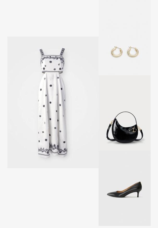 Witte maxi-jurk met marineblauwe bloemenborduursels, vierkante halslijn en dunne bandjes. Bevat ingewikkelde randstiksels langs de zoom.; Zwarte leren pump met een puntige teen, lage hak en een gladde textuur. Heeft een lichte opening aan de voorkant en minimale hardware aan de achterkant.; Zwarte gepatineerde leren handtas met een gebogen vorm, verstelbare schouderband en gouden hardwaredetails aan de zijkant. Gladde, glanzende textuur.; Lauren Ralph Lauren BASIC SMALL HOOP - Oorbellen - gold-coloured