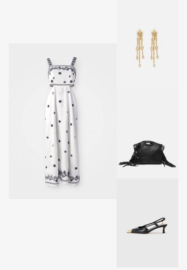 Hvid maxikjole med marineblå blomsterbroderi, firkantet halsudskæring og tynde stropper. Har detaljeret kantbroderi langs kanten.; Sort læderslingback sko med spids tå og guldmetal hætte. Har udskæringsdesign og en slank hæl med justerbar rem.; Maje MISS MINI - Skuldertasker - noir; Guldtonede øreringe med flere kaskadende kæder, der har klare ovale rhinestein-accenter og dekorative studtoppe.