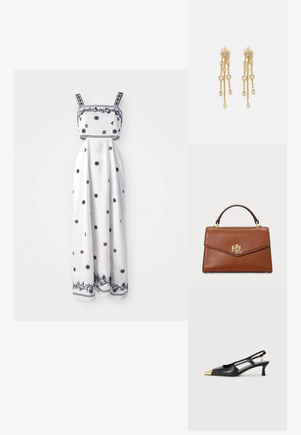 Fehér maxi ruha tengerészkék virágos hímzéssel, négyzet alakú nyakkivágással és vékony pántokkal. Bonyolult szegővarrás díszíti a szegélyt.; Fekete bőr slingback cipő hegyes orral és arany fémes orrbetéttel. Kivágott designnal és vékony sarokkal rendelkezik, állítható pánttal.; Barna bőrtáska struktúrált kialakítással, felülről fogható nyéllel, aranyszínű fémrészletekkel és logóval az elején. Simább textúrájú.; Aranyszínű fülbevalók, több zuhanó lánccal, tiszta ovális strasszköves díszítéssel és dekoratív fülbevaló tetejével.