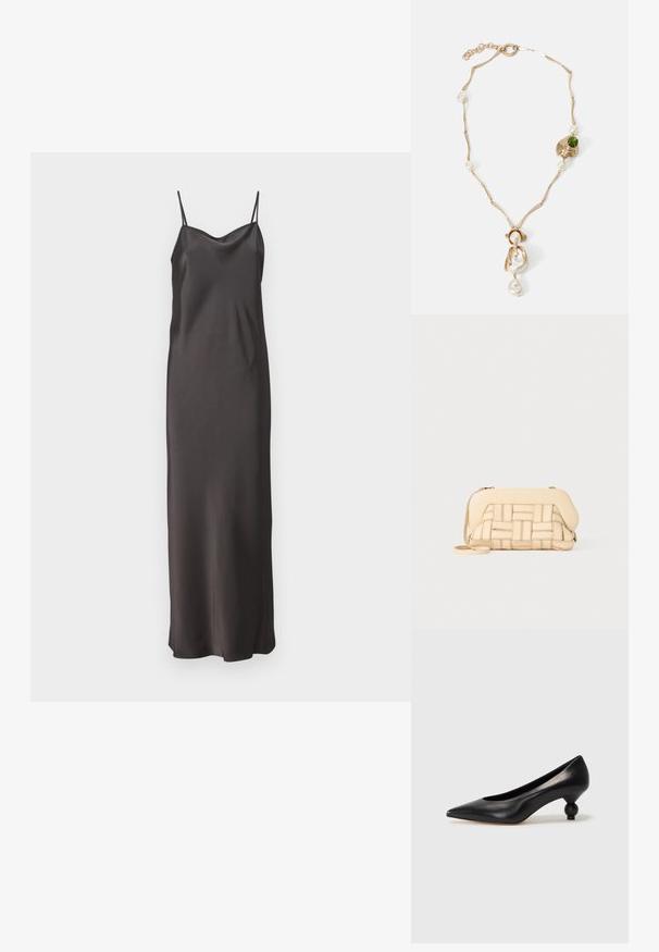 Černé saténové šaty na ramínka s tenkými nastavitelnými popruhy, hlubokým výstřihem do V a rovnou siluetou, sahajícími do poloviny lýtek. Hladká textura.; Černá kožená vysoká bota na podpatku s špičatou špičkou a kulatým, zaobleným podpatkem. Hladká textura s elegantním, minimalistickým designem.; Tkaná béžová dámská kabelka se strukturovaným designem, která má hladký vršek a dlouhý popruh. Texturované detaily zvyšují celkový vzhled.; Zlatý náhrdelník s propletenými články, bílými perlami a akcentem zeleného kamene. Obsahuje složité detaily a zapínání.