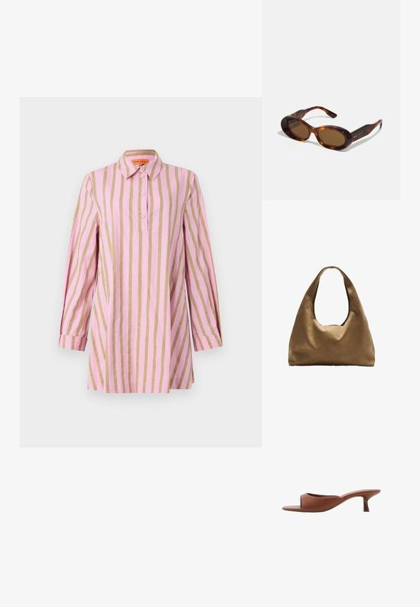 Camicia rosa con strisce oro verticali, maniche lunghe con polsini, pattina frontale con bottoni e colletto classico. Tessuto morbido e leggero.; Mule con tacco aperto di colore marrone, con una finitura liscia e opaca, caratterizzate da un design curvo e un tacco trasparente e affusolato.; Occhiali da sole tartaruga con lenti ovali, tonalità marrone e accenti dorati sulle aste. Montatura spessa con una finitura lucida e una texture liscia.; Borsa a spalla in tessuto marrone con un corpo ampio e arrotondato e una grande maniglia a taglio. Texture morbida, design minimalista e senza hardware visibile.