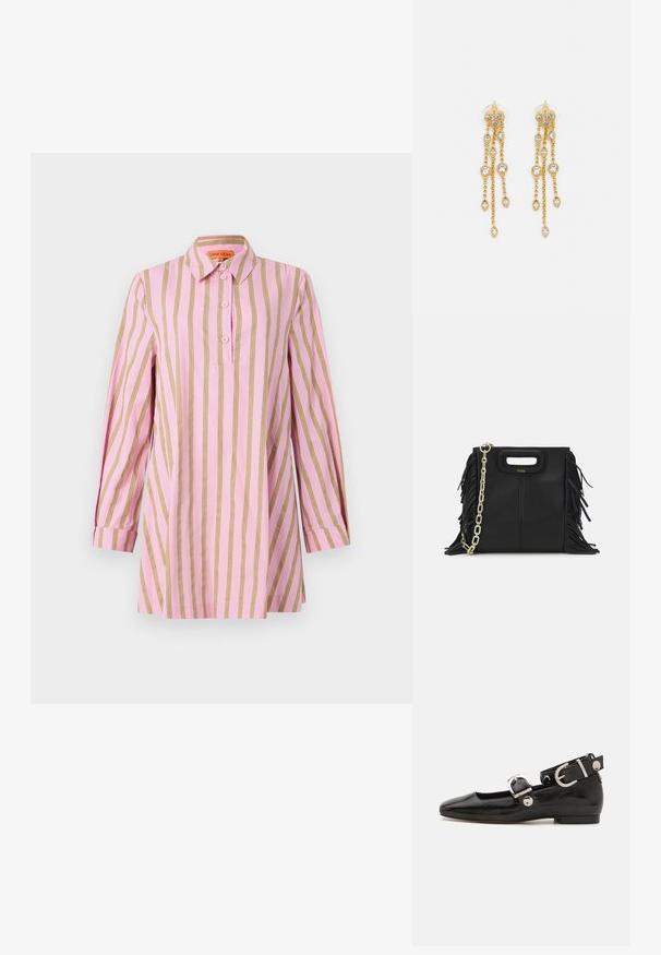 Rózsaszín ing függőleges arany csíkokkal, hosszú ujjak, mandzsettával, gombos elülső rész és klasszikus gallér. Puha, könnyű anyag.; Fekete lakkbőr lapos cipő négyzet alakú orral, ezüst hardware-rel ellátott bokapánttal és lapos talppal. Simaságával és minimalista dizájnjával kiemelkedő.; Fekete bőr kézitáska, frufrus részletekkel, arany láncos vállpánttal és kivágott fogantyúval. Az elülső részen logó található.; Aranyszínű fülbevalók, több zuhanó lánccal, tiszta ovális strasszköves díszítéssel és dekoratív fülbevaló tetejével.