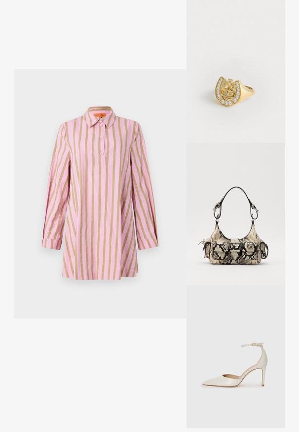 Cămașă roz cu dungi verticale aurii, mâneci lungi cu manșete, placket frontal cu butoane și guler clasic. Material moale, ușor.; Pantofii înalți din piele albă, cu vârf ascuțit, curea la gleznă și toc subțire de tip stiletto. Textură netedă cu un finisaj subtil lucios.; Geantă de mână Python-print, în nuanțe de bej și negru, având o formă structurată, detaliu cu cataramă și două mânere pentru umăr. Suprafață texturată.; Inel de aur cu un design în formă de coroană în interiorul unei potcoave, decorat cu mici pietre clare, pe un fundal alb.