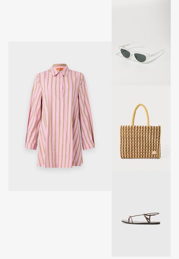 Roosa särk vertikaalsete kuldsete triipudega, pikad varrukad mansettidega, nööbid ees ja klassikaline krae. Pehme, kerge kangas.; Pruun nahast sandaal õhukeste rihmadega, kuldse ümmarguse aktsendiga ja lamedaga põhjaga. Minimalistlik disain koos reguleeritava pandla detailiga.; Valged cat-eye prillid tumedate läätsede ja kuldsete aktsentidega raamis ning logodetailidega külgedel. Sile plastmaterjal.; Kootud kott pruunis ja kollases, millel on ristkülikukujuline kuju, kaks käepidet ja tekstureeritud viimistlus koos nähtava õmblusega ning brändi sildiga.