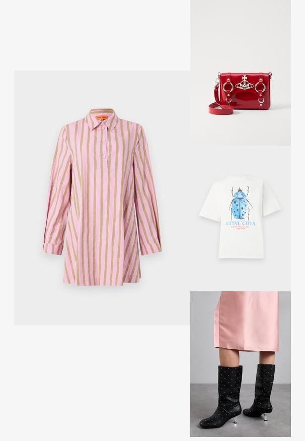 Růžová košile s vertikálními zlatými pruhy, dlouhými rukávy s manžetami, zapínáním na knoflíky a klasickým límcem. Měkká, lehká tkanina.; Bílé bavlněné tričko s krátkým rukávem s grafikou modrého brouka a nápisem "STINE GOYA CAMPING CLUB SINCE 2006."; Černé vysoké kozačky vyrobené z hladkého materiálu, s jemným cvočkovým vzorem a podpatkem v stříbrném odstínu. Kombinované s růžovými saténovými šaty.; Červená lakovaná kroužková kabelka s stříbrnými doplňky, která má centrální emblém, kulaté kroužky a nastavitelné ramínko.
