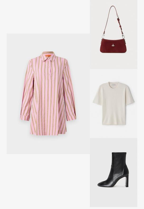 Rosa Hemd mit vertikalen goldenen Streifen, langen Ärmeln mit Manschetten, durchgehend geknöpftem Frontverschluss und klassischem Kragen. Weicher, leichter Stoff.; Krèmi-farbene Kurzarm-T-Shirt mit rundem Ausschnitt, aus weichem Material gefertigt, mit geradem Schnitt und minimaler Ausstattung.; Schwarze Leder-Stiefelette mit schlankem Design, spitz zulaufender Zehenpartie und hohem Blockabsatz. Verfügt über eine glatte Textur und minimalistische Steppnähte.; Rote Wildleder Schultertasche mit einer curved Form. Verfügt über einen silberfarbenen Akzent und einen verstellbaren Trageriemen mit Hardware-Details. Glatte Textur.