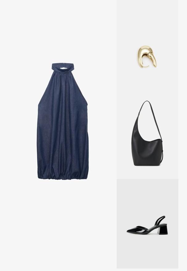 Traper haljina s halter izrezom u tamnoplavoj boji, s nabranim izrezom, lepršavim dizajnom i elastičnom donjom rubom za dodatni volumen.; Crne lakirane kožne sandale s otvorenom petom i špicastim vrhom, s geometrijskom blok petom. Imaju elegantan, minimalistički dizajn i glatku teksturu.; Crna kožna hobo torba s glatkom teksturom, zakrivljenim oblikom i jednom podesivom trakicom; ima širok otvor na vrhu.; Zlatne metalne naušnice s elegantnim, zakrivljenim dizajnom. Imaju karakterističan šiljast oblik, poliranu površinu i zatvaranje na šarku.