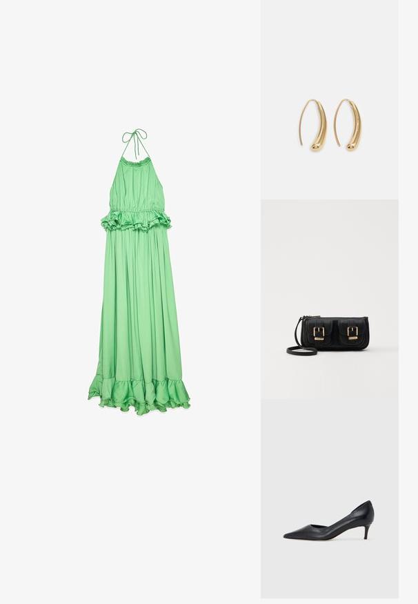 Zaļš halter stila maxi kleita, kas izgatavota no gludas auduma, ar viļņotu vidukli un apakšmalu, ar plūstošu, nolasītu siluetu.; Melna ādas kurpe ar smailu purngalu un zemu papēdi. Raksturota ar gludu tekstūru un smalku spīdumu. Priekša ar atvērtu izgriezumu papildu detaļai.; Melnas ādas crossbody soma ar divām priekšējām kabatām, zelta sprādzēm, ar rāvējslēdzēju aizdari un šauru siksnu. Strukturēta virsma un kompakta taisnstūra forma.; Zelta toņu metāla gredzena auskari ar izliektu, pagarinātu formu. Ar gludu, spīdīgu virsma un noapaļotu galu papildu detaļām.