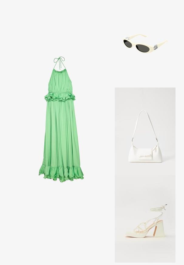 Grön halter maxi-klänning i mjukt tyg, med en volangmidja och volangkant, samt en svävande, plisserad silhuett.; Vit högklackad sandal med en kraftig klack, med ett remdesign och ankelband. Slät textur med en plattform framtill för ökad höjd.; Krämfärgade solglasögon med oval linser, svart toning och metalliska logotypdetaljer vid bågarna. Slät yta, kattöga-design.; Vit syntetisk handväska med triangulär form, platt framklaff och rosettdetalj, justerbar rem, slät textur och minimalistisk design.