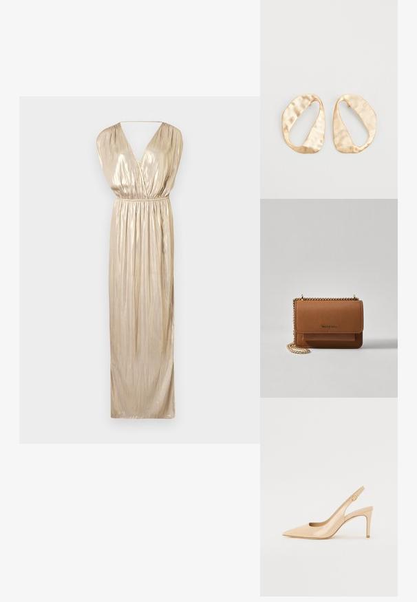 Zadig & Voltaire RITMIC - Robe de soirée - gold; Escarpin slingback en cuir verni nude avec un bout pointu, un décolleté ouvert et un talon aiguille fin. Comprend un accent doré circulaire sur la sangle.; Sac en cuir texturé marron en bandoulière avec une sangle en chaîne dorée et une fermeture à rabat. L'avant présente un détail de logo et une poche sous le rabat.; Une paire de boucles d'oreilles en métal doré, de forme ovales irrégulières, avec une surface texturée et légèrement martelée sur fond blanc.