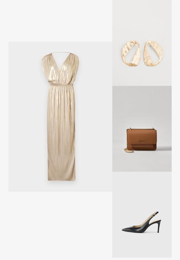 Zadig & Voltaire RITMIC - Robe de soirée - gold; Escarpins en cuir noir avec une pointe fine, une bride ajustable et un talon aiguille élégant, présentant une finition lisse.; Sac en cuir texturé marron en bandoulière avec une sangle en chaîne dorée et une fermeture à rabat. L'avant présente un détail de logo et une poche sous le rabat.; Une paire de boucles d'oreilles en métal doré, de forme ovales irrégulières, avec une surface texturée et légèrement martelée sur fond blanc.