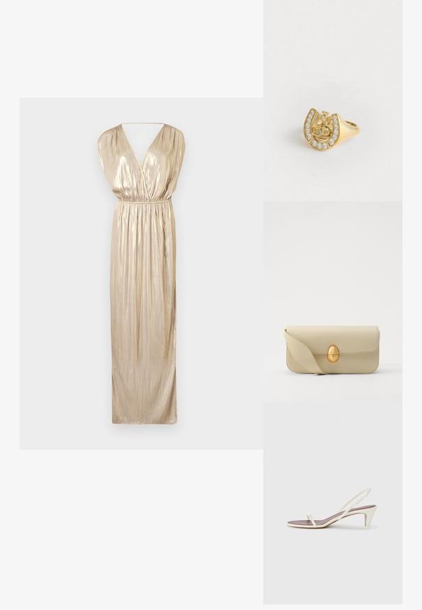 Zadig & Voltaire RITMIC - Juhlamekko - gold; Valkoiset nilkkaketjulliset sandaalit, joissa on pieni korko, ohuet hihnat ja sileä nahkapinta; varustettu pienellä koristeellisella soljella.; Beige nahka käsilaukku, jossa on sileä pinta, suorakulmainen muoto ja kultainen soikea solki. Varustettu pitkällä, säädettävällä hihnalla.; Kultainen sormus, jossa on kruunusuunnittelu hevosenkenkämuodossa, koristeltuna pienillä kirkkailla jalokivillä, valkoisella taustalla.