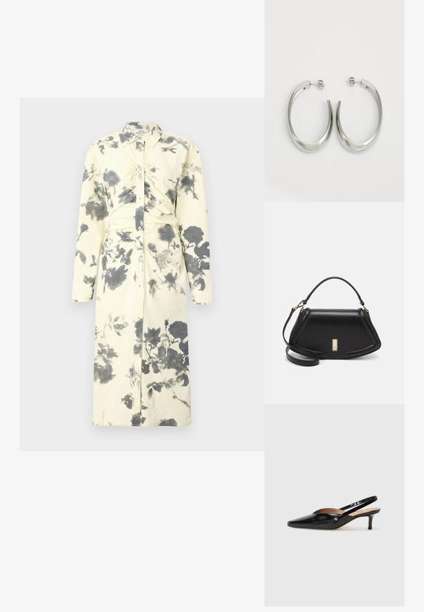 Långärmad, knappad klänning i mjuk gul tyg med svart blommönster och insamlad detalj vid midjan.; Svart lackläder slingback pumps med spetsig tå, liten klack och ett utskärningsmönster på ovandelen. Guldtonad hårdvara som accent på sidan.; Svart läderhandväska med en strukturerad design, som har en avskuren form, ett handtag upptill och guldiga detaljer. Justerbar axelrem ingår.; Silverfärgade hoopsörhängen med en slät, böjd design. Har en glänsande metallisk yta och ett stiftlås. Inga synliga mönster eller detaljer.