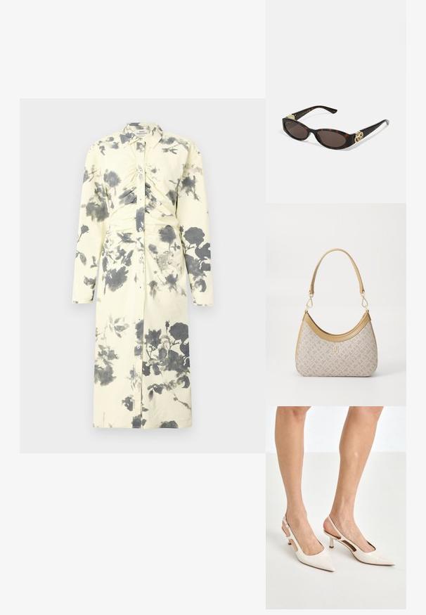 Vestito a maniche lunghe, con bottoni, in morbido tessuto giallo chiaro caratterizzato da una stampa floreale nera e dettagli arricciati in vita.; Tacchi slingback in pelle lucida beige con punta affusolata e tacco di 5 cm, caratterizzati da lati traforati e una sottile fascia alla caviglia.; Occhiali da sole tartarugati con lenti ovali allungate, tonalità marrone, accenti dorati con logo sulle tempie e aste nere eleganti.; Borsa a tracolla beige con un motivo stampato, forma curvata, dettagli in pelle e un logo dorato sul davanti. Presenta una maniglia corta per un facile trasporto.; Collana di perle e cristalli con un design rotondo a perline in tonalità tenui, caratterizzata da perle alternate e accenti scintillanti, indossata attorno al collo.