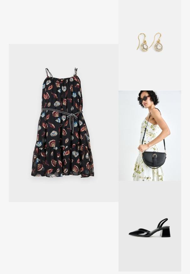 Čierne šaty s rozšíreným lemom, so živými vzormi mušlí. Majú nastaviteľné ramienka a zúžený pás s kontrastnou šnúrkou.; Čierne lakované kožené sandálové podpätky s špicatou špičkou a geometrickým blokovým podpätkom. Disponujú elegantným, minimalistickým dizajnom a hladkým povrchom.; Čierna kožená kabelka s zaobleným tvarom, odnímateľným popruhom a zlatými doplnkami. Kabelka má klopu s detailom s prackou.; Náušnice zlatého odtieňa s oválnymi čírymi kryštáli obklopenými menšími čírými kameňmi, s háčikovým dizajnom pre bezpečné nosenie.