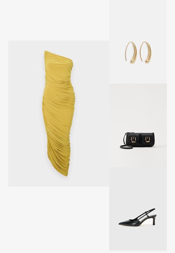 Norma Kamali DIANA GOWN - Svečana odjeća - asparagus; Crne lakirane slingback pete s oštrim vrhom, s teksturiranim uzorkom zmijske kože, podesivom remenom i kratkom, teksturiranom blok-petom.; Crna kožna torba preko ramena s dva prednja džepa, zlatnim kopčama, zatvaranjem na zip i uskim remenom. Teksturirana površina i kompaktan pravokutan oblik.; Zlatne metalne naušnice u obliku obruča s zakrivljenim, izduženim oblikom. Imaju glatku, sjajnu površinu i zaobljeni vrh za dodatni detalj.