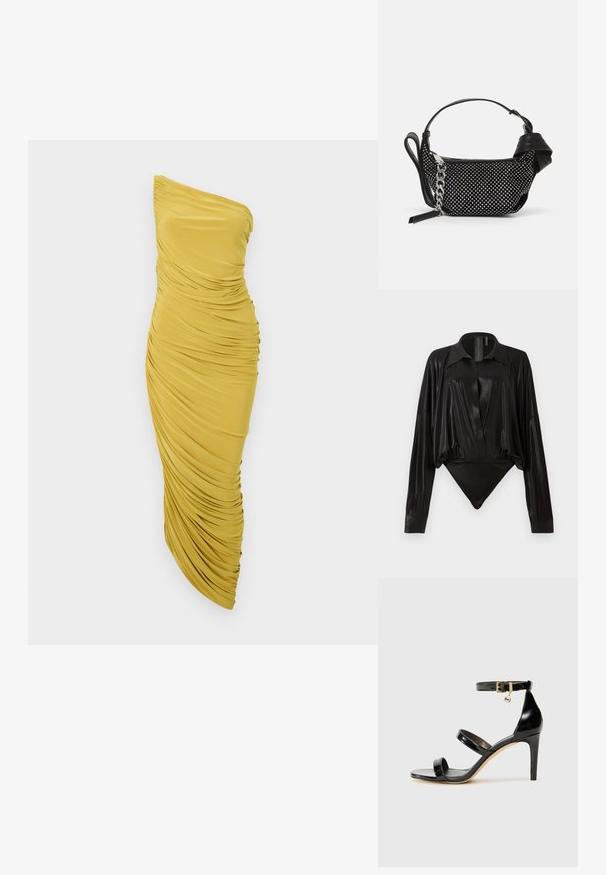 Norma Kamali DIANA GOWN - Společenské šaty - asparagus; Černý body s dlouhými rukávy, výstřihem do V a přiléhavým střihem. Vyrobeno z lesklého, hladkého materiálu se strukturovaným límcem a manžetami.; Černé lakované kožené sandály se třemi pásky, sponou na kotníku a 10 cm jehlovým podpatkem. Obsahují zlaté kovové detaily a logo přívěsek.; Černá kabelka s texturovaným designem, zdobená stříbrnými hroty a masivním stříbrným řetízkem. Má elegantní, minimalistický tvar.