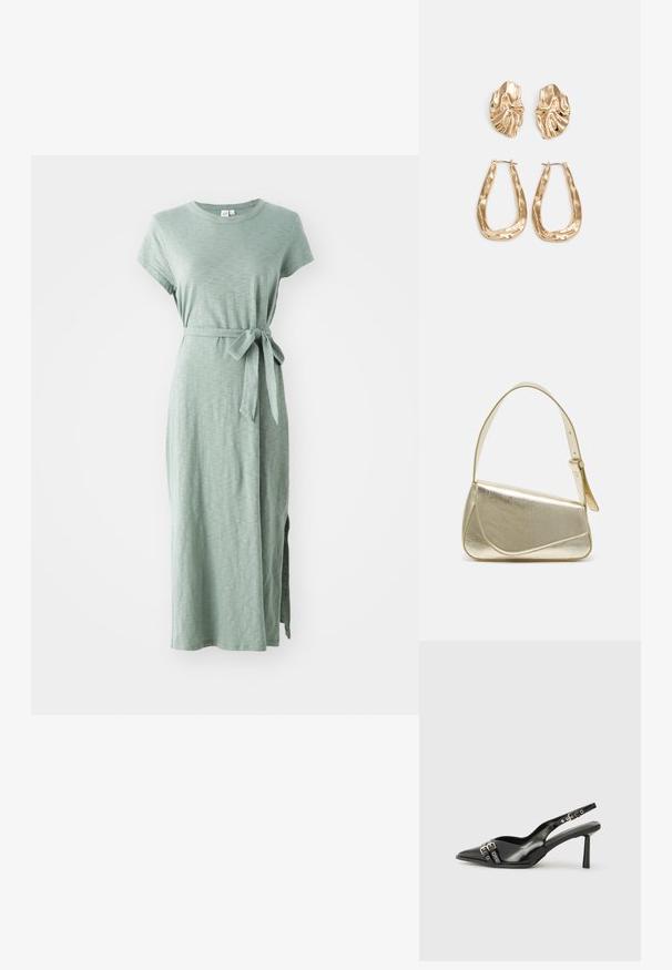 Ilga, trumpomis rankovėmis suknele šviesiai žaliai, pagaminta iš tekstūruotos medžiagos. Nėra juosmens juosta ir šoninis skeltukas, kuris suteikia papildomo rafinuotumo.; Juodas lakuotas odinis batelis su smailiu pirštu, kulkšnies dirželiais su sidabrinėmis sagtimis ir detalėmis, bei plonu kulnu.; Aukso metalinės rankinės su struktūrizuotu dizainu, lygaus paviršiaus ir reguliuojama dirželiu. Pasižymi unikaliu trikampiu pavidalu ir minimalizmu siuvinėjime.; Auksinės auskarai, turintys tekstūruotus, bangų formos elementus. Įeina skulptūriniai segami auskarai ir atviri lankai su išmuštu paviršiumi.