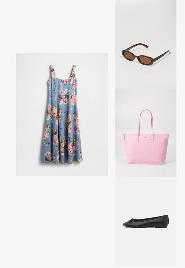 Rochie midi fără mâneci, de culoare albastră, cu un model floral în nuanțe de roz și crem și decolteu rotund, expusă pe un fundal alb.; Balerini din piele neagră, cu vârf ascutit, detaliu cu fundiță decorativă și finisaj neted. Au o talpă cu profil redus pentru confort.; Ochelari de soare rotunzi, cu nuanțe de brown și cu un cadru lucios de burgund. Brațe subțiri cu detalii subtile de branding. Design cu lentile plate.; Geanta tote roz realizată dintr-un material texturat, având două mâneri lungi și un logo embosat pe față. Închidere superior cu fermoar.