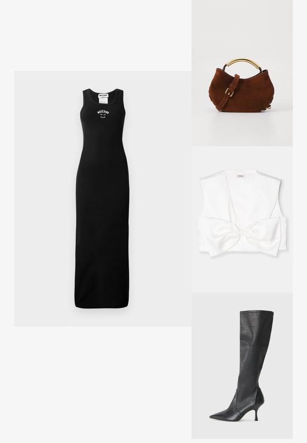 Černé šaty bez rukávů z žebrovaného materiálu, se střihovým obsazením a potiskem loga na hrudi. Dlouhé až na zem s kulatým výstřihem.; Bílý zkrácený top s hlubokým V výstřihem, širokými ramínky a velkou mašlí v přední části. Hladká, saténová textura.; Černé kožené vysoké boty do kolen s špičatou špičkou a štíhlým jehlovým podpatkem. Hladká textura s přiléhavým střihem a přešitím na horním okraji.; Hnědá semišová kabelka s zakřiveným zlatým madlem, nastavitelným popruhem a jemnou texturou. Má minimalistický design a žádné viditelné kovové prvky.