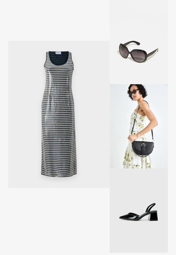 Maxi šaty bez rukávů s vertikálními pruhy v námořnické a stříbrné barvě, zdobené flitry pro zvýšení struktury a lesku.; Černé lakované kožené lodičky na pásku s špičatou špičkou a geometrickým blokovým podpatkem. Vyznačují se elegantním, minimalistickým designem a hladkým povrchem.; Černé sluneční brýle s oversize, zaoblenými rámy. Skla s gradientem od tmavé po světlejší. Disponují elegantním, lesklým povrchem a jemnými logovými akcenty na spáncích.; Černá kožená kabelka s křivkovým tvarem, odnímatelným popruhem a zlatými detaily. Kabelka má klopu s přezkou.