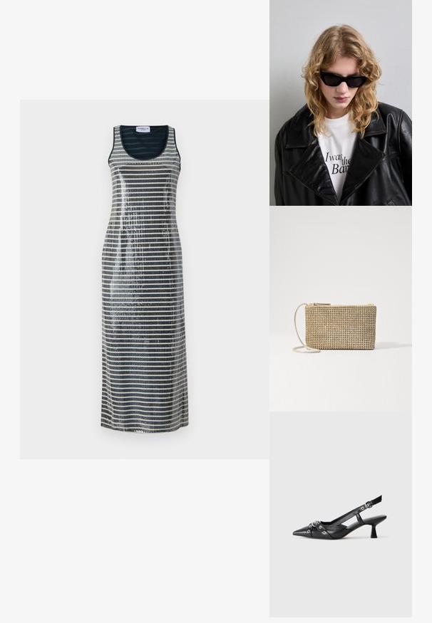 Varrukaeheline maksikleit, millel on sinised ja hõbedased vertikaalsed triibud, kaunistatud sädelevate sekreediga, et lisada tekstuuri ja säravust.; Must must have must toote tõmblukuga, dekoratiivsed rihmad metallist silmadega ja madal blokk-kand. Tekstureeritud pind.; Musta prillid, millel on stiilne ja nurgeline disain. Mudel kannab musta nahktagi valge särgi kohal, millel on trükitud tekst, neutraalses taustas.; Loeffler Randall YASMINE FLAT CLUTCH - Ülerinna-kott - gold