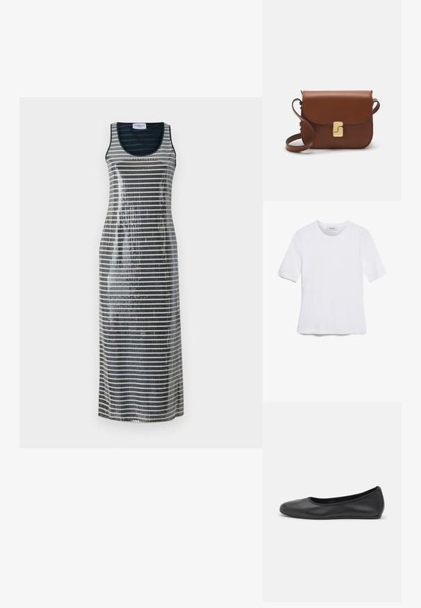 Sukienka maxi bez rękawów z pionowymi paskami w odcieniach granatu i srebra, ozdobiona cekinami dla dodatkowej tekstury i blasku.; Biała koszulka krótki rękaw wykonana z materiału prążkowanego. Okrągły dekolt, regularny krój i subtelne detale szwów. Bez wzorów ani grafik.; Czarne skórzane baletki z zaokrąglonym noskiem, gładką fakturą, minimalnymi przeszyciami i elastycznym designem podeszwy.; Brązowa skórzana torebka na ramię z klapką, złotymi detalami, paskiem na ramię i gładką teksturą. Kompaktowy prostokątny kształt.