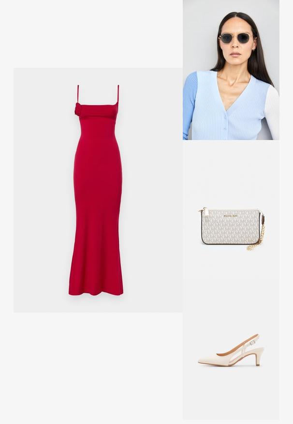 Červené, přiléhavé bezsleeve šaty se čtvercovým výstřihem, rozšířeným lemem a bočním detailem růže. Vyrobeno z hladké tkaniny s jemným leskem.; Bílé lodičky na podpatku s špicatou špičkou, hladkým svrškem, nízkým blokovým podpatkem a designem s bočním výřezem se stahovací sponou.; Kulaté sluneční brýle s tmavými čočkami a zlatými rámy. Modelka má na sobě světle modrý žebrovaný kardigan s knoflíky a kontrastními bílými rukávy.; Kabelka na zápěstí Michael Kors v béžové potažené plátno s opakujícím se vzorem loga MK, zlatými kovovými doplňky a odnímatelným řetízkovým popruhem.