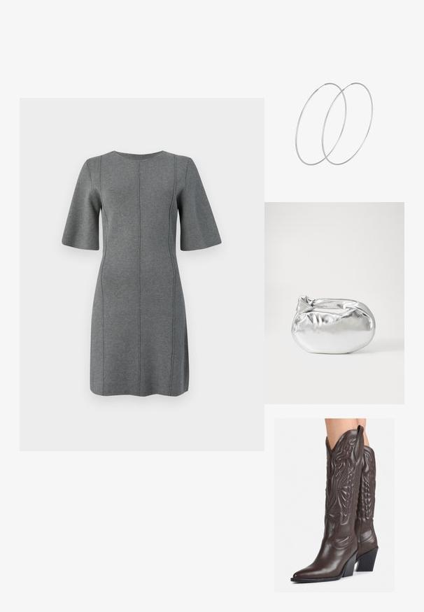 Grå stickad klänning med korta utsvängda ärmar, rund halsringning och vertikala sömmar. Slät textur och knälång design.; Bruna lädercowboystövlar med spetsig tå och klossklack, med detaljerad sömnad och upphöjda accenter på skaftet.; Silverfärgad metallisk påse med en mjuk, rundad form och en knutstängning upptill. Tillverkad av ett mjukt material i konstläder.; Silverfärgade hoopörhängen med en minimalistisk design. Cirkulär form, slät yta och tunn profil. Lätta med en polerad finish.