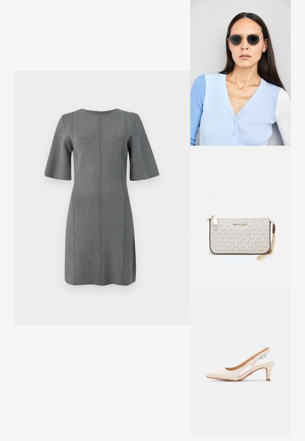 Szara dzianinowa sukienka z krótkimi, rozszerzanymi rękawami, okrągłym dekoltem i pionowymi szwami. Gładka tekstura i długość do kolan.; Biała szpilka slingback z ostrym noskiem, gładkim materiałem wierzchnim, niskim obcasem blokowym oraz wycięciami po bokach i regulowanym paskiem z klamrą.; Okrągłe okulary przeciwsłoneczne z ciemnymi soczewkami i złotymi ramkami. Modelka nosi jasnoniebieski kardigan w prążki z guzikami i białymi rękawami w kontrastowym kolorze.; Portfel na nadgarstek marki Michael Kors w beżowej, pokrytej płótnem, z powtarzającym się wzorem logo MK, złotym okuciem i odpinanym łańcuszkowym paskiem.