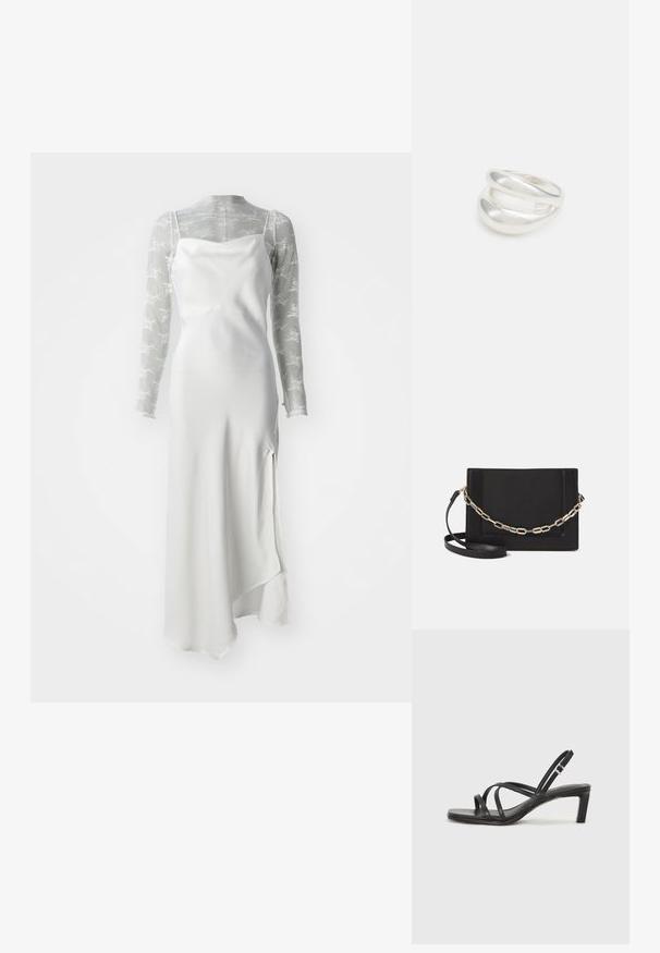 Valge satiinist libisev kleit kõrge lõhikuga, mille peal on läbipaistev, pika varrukaga hall mesh-top, millel on valged lillemustrid.; Mustast rihmajalatsid ruudukujulise varba ja madala ploki kontsaga. Omab mitmeid õhukesi rihmasid ja reguleeritavat pahkluu rihma. Valmistatud siledast nahast.; Mustast nahast õlakott, mis omab siledat tekstuuri, ristküliku kuju ning esiküljel metallketi detaili. Reguleeritav rihm on kaasas.; Hõbedane kahekordne rõngas sujuva, poleeritud pinnaga. Omab voolavat, kõverat disaini, millel on kattuvad sektsioonid, et saavutada kaasaegne ilme.