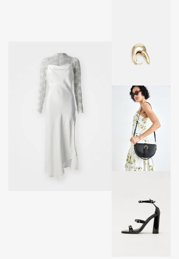 Rochie albă din satin, cu fente înaltă, stratificată peste un top din plasă gri transparent cu mâneci lungi, decorat cu modele florale albe.; Sandale cu toc din patent negru, cu vârf pătrat, curele la gleznă și catarame din argint. Dispune de un toc gros pentru stabilitate.; Geantă din piele neagră, cu o formă curbată, curea detașabilă și accesorii aurii. Geanta are un capac cu un detaliu tip cataramă.; Cercei din metal de culoare aurie cu un design elegant și curbat. Prezintă o formă distinctivă, ascuțită, o suprafață lustruită și un sistem de închidere cu balama.