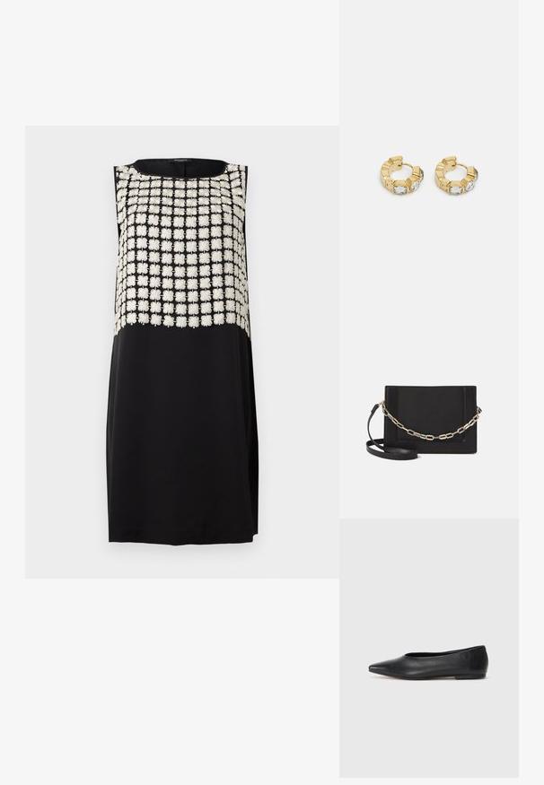 Vestido preto sem mangas com um painel superior texturizado bordado com padrões florais brancos. Seção inferior lisa e preta.; Bailarina de couro preto, bico fino, design minimalista, textura suave, salto baixo, sem hardware ou embelezamentos visíveis.; Bolsa crossbody de couro preto com uma textura suave, forma retangular e um detalhe em corrente metálica na frente. Inclui uma alça ajustável.; Brincos de argola dourados com um design texturizado e três cristais transparentes em um lado, oferecendo uma estética geométrica moderna.