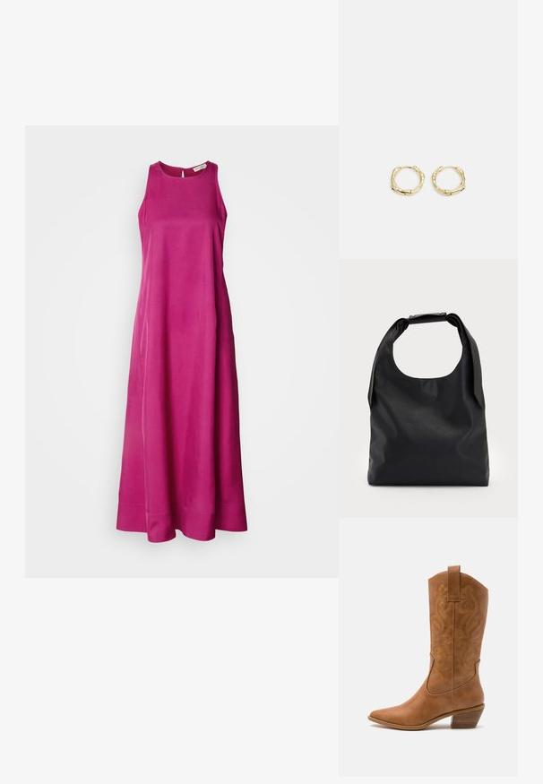 Abito lungo senza maniche in vivace tessuto rosa con una superficie liscia. Presenta un collo rotondo e scende verso una gonna fluida con orlo pulito.; Stivale cowboy in pelle marrone chiaro con punta affusolata, modelli ricamati a spirale sull'asta e tacco a blocco impilato. Presenta una linguetta per una facile calzata.; Borsa hobo in pelle nera con un manico unico, morbido e arrotondato; presenta una texture liscia e un design minimalista. Nessun hardware o accenti visibili.; Orecchini a cerchio in oro con una forma irregolare e texture. Presentano una chiusura senza giunture e una finitura superficiale lucida, che enfatizza un design moderno.