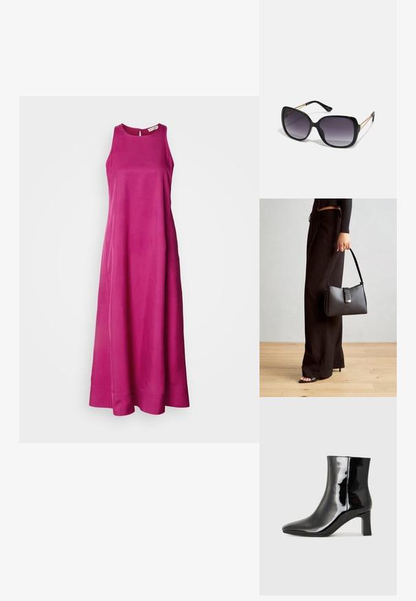 Dlhé, bezrukávové šaty z živého ružového materiálu s hladkou textúrou. Majú okrúhly výstrih a prepadnú do splývavej sukne s čistým lemom.; Čierne lakované členkové topánky s špicatou špičkou a stredne vysokým blokovým podpätkom. Hladká textúra a minimalistický dizajn.; Čierne oversized slnečné okuliare s gradientovými sklíčkami, hrubými rámami a zlatým retiazkovým detailom na stranách.; Čierna kabelka so štruktúrovaným tvarom, hladkou textúrou a kovovou sponou. V kombinácii so širokými čiernymi nohavicami a sandálmi s otvorenou špičkou na drevenej podlahe.