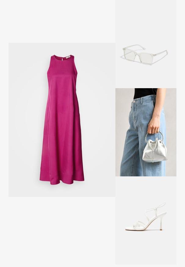 Lang, ermeløs kjole i livlig rosa stoff med en glatt tekstur. Har rund hals og faller til en flytende skjørt med en ren søm.; Hvit stroppesandale med høy hæl og flatt tåfeste, teksturert front med rynkede detaljer, og en smal ankelreim.; Klare plastiske briller med kvadratisk innfatning og gjennomsiktige linser, med gullfiner på brillestengene for ekstra detalj.; Sølvfarget metallic bøtteveske med tekstur, dekorert med et rundt sølvhåndtak og snøring, holdt mot lyseblå jeans.