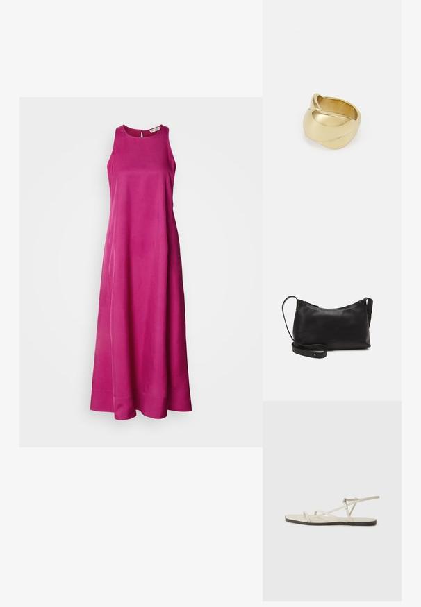 Pikk, ilma varrukateta seelik heledast roosast kangast, mis on sileda tekstuuriga. Omab ümmargust kaelust ja langeb voolavasse seelikuosa, millel on puhas ääreline.; Bežid lame sandaal, millel on mitu peenikest rihma ja reguleeritav pandla. Tallal on lame pind, mille ääres on kerge tumedam kontrast.; Mustmust nahk õlakotil on sile tekstuur, kumer kuju, reguleeritav rihm ja lukuga sulgemine. Minimalistlik disain ilma kaunistusteta.; Kuldne sõrmus, millel on sujuv, keerdunud disain. Omab poleeritud pinda ja ümarat serva, luues sujuva ja voolava kuju.