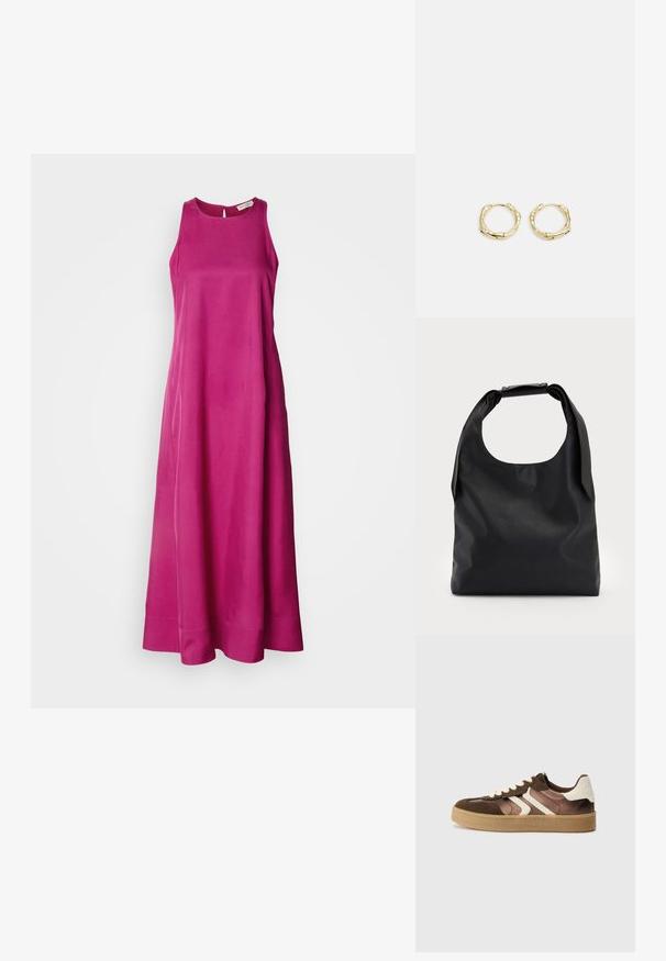 Abito lungo senza maniche in vivace tessuto rosa con una superficie liscia. Presenta un collo rotondo e scende verso una gonna fluida con orlo pulito.; Sneaker marroni e crema realizzati in una combinazione di materiali scamosciati e satinati, con tre strisce diagonali e una suola in gomma testurizzata.; Borsa a mano in pelle nera con un ampio apertura superiore e una singola tracolla. Texture morbida, design minimalista, con sottili accenti in metallo.; Orecchini a cerchio in oro con una forma irregolare e texture. Presentano una chiusura senza giunture e una finitura superficiale lucida, che enfatizza un design moderno.