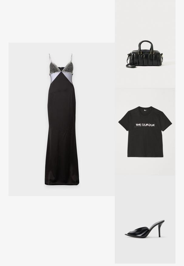 Black satin dress with a fitted silhouette, featuring a beaded bodice, adjustable straps, and a contrasting light blue panel.; Black cotton t-shirt with short sleeves, featuring a printed white and gray "THE 2LOOK" design across the front. Classic crew neck.; Black leather high-heeled mules with an open toe, pointed design, smooth texture, and a slim stiletto heel.; Black leather handbag with puffy design, two short handles, and a detachable shoulder strap. Gold-tone hardware accents.