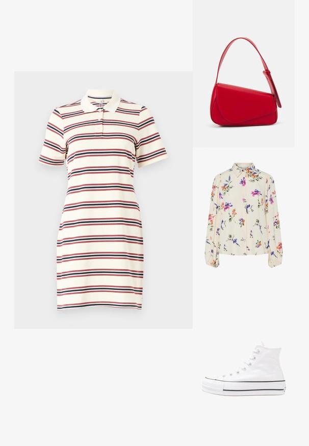 Das Polokleid hat eine cremefarbene Basis mit horizontalen Streifen in Rot, Marineblau und Weiß. Es verfügt über einen Kragen, kurze Ärmel und eine figurbetonte Form.; Blumenbluse mit langen Puffärmeln, hellcremefarbenem Grund, mit lila, orangefarbenen und grünen Blumenmustern sowie klassischem Kragen.; Weiße hochwertige Leinensneaker mit schwarzer Gummisohle, vorderem Gummizehenschutz und sechs Ösen für Schnürsenkel, die ein sauberes, minimalistisches Design aufweisen.; Rote Lederhandtasche mit einem kantigen, geometrischen Design. Verfügt über einen verstellbaren Schulterriemen und einen Klappenverschluss mit genähten Details.